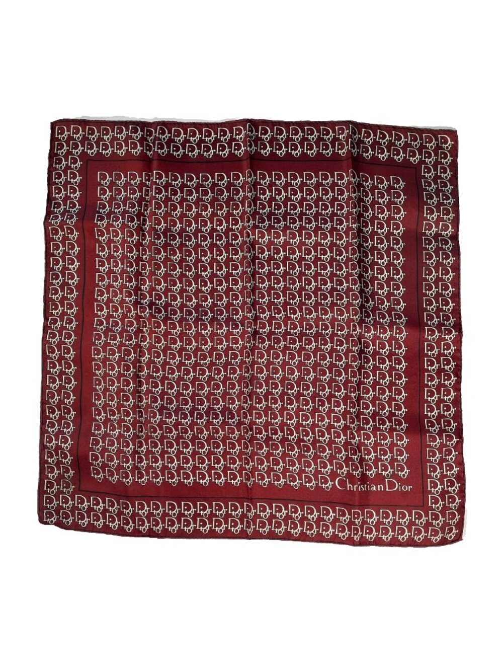 Vintage Christian Dior Trotter Silk Scarf Burgundy Logo 18.5” Rolled Hem